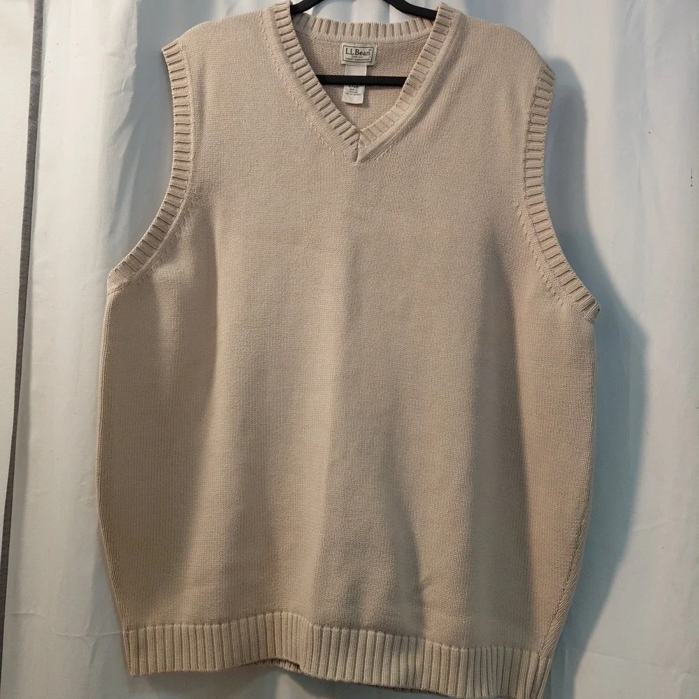 Vintage VTG LL Bean Sweater Vest Mens XLT Neutral Pullover V Neck‎ Cotton Knit